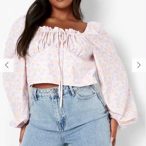 Boohoo Plus Floral Puff Sleeve‎ Lilac Cropped Top Size 18